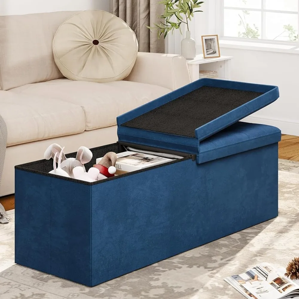 

43 Inches Folding Storage Ottoman Bench, Velvet Ottoman with Footrest for Living Room, Long Shoes Bench, (Blue)