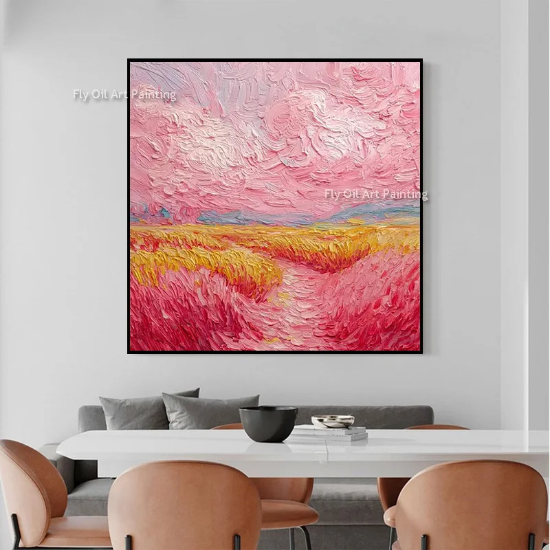 Heavy Impasto Large Canvas Scenery Oil Painting Hand Painted Dreamy Pink Sky Wheat Field Artwork Living Room Home Decor Items