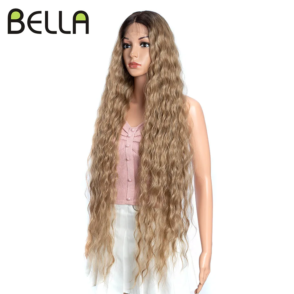 Bella 40 Inch HD Part Lace Wig Synthetic Deep Wave Long Wigs Ombre Blonde Brown Synthetic Wigs Cosplay Heat Resistant Fiber Hair