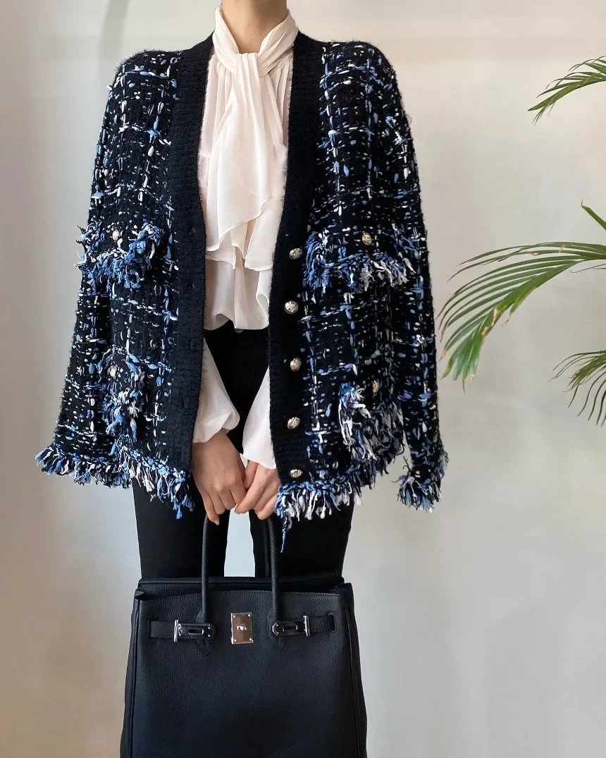 2025 chaqueta de retales con borlas Vintage, abrigo holgado de un solo pecho con cuello en V de Color contrastante, moda informal para mujer