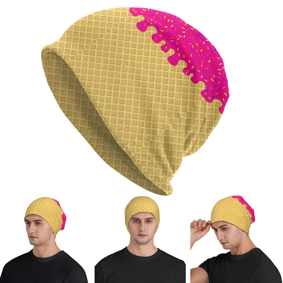 

STRAWBERRY Ice Cream Waffle Cone Skullies Beanies Hats Warm Autumn Winter Outdoor Cap Knitted Bonnet Caps for Unisex Adult