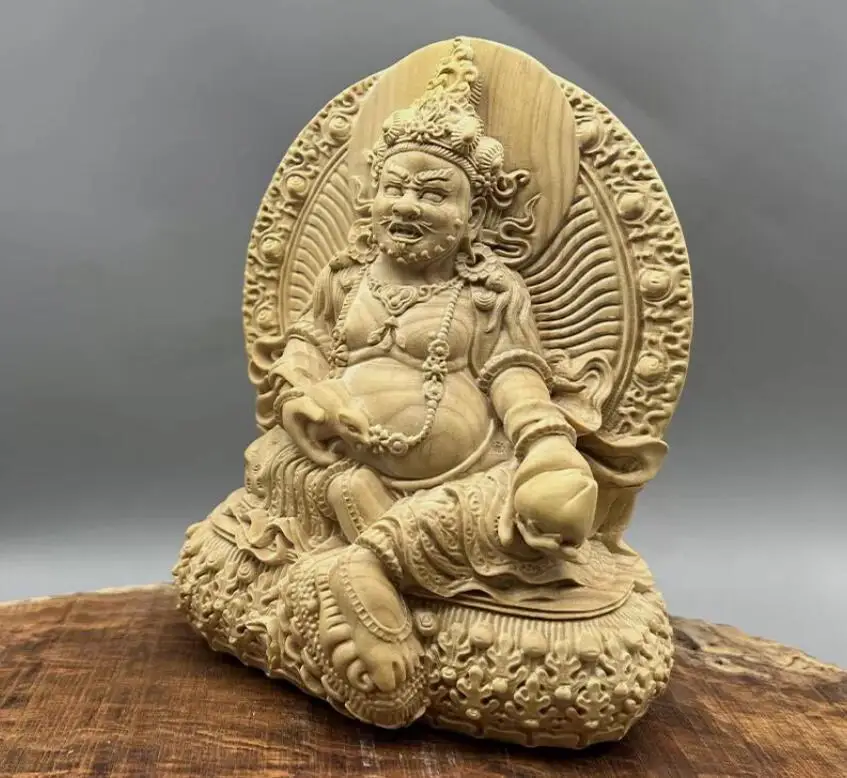 Chinese Boxwood Wood HandCarved Tibet buddhism Yellow Jambhala God of wealth