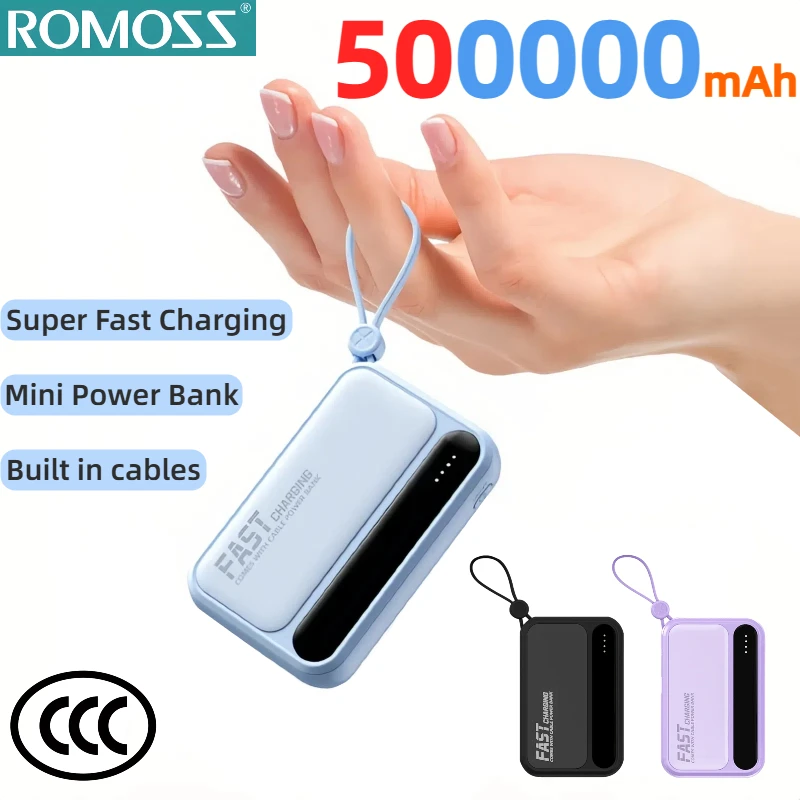 ROMOSS 4 In1 قوة البنك 500000mAh سعة كبيرة مدمجة في الكابلات ذكي شاشة ديجيتال ضوء بطارية محمولة آيفون