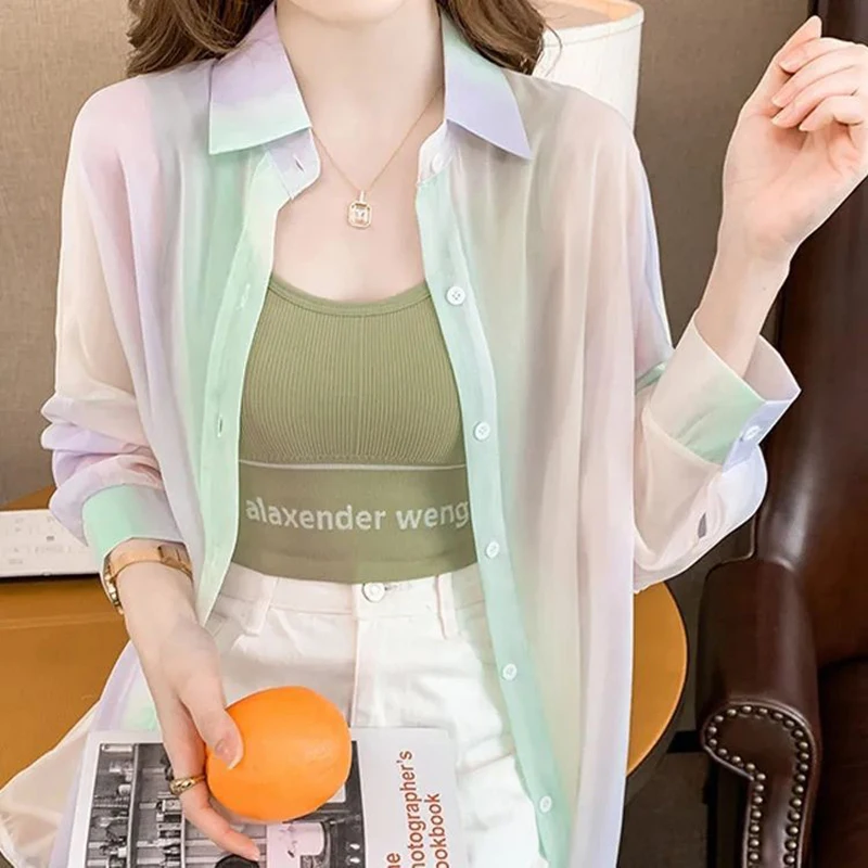 Turn-down Neck Long Sleeved Shirt And Blouses Gradient Rainbow Color See-through Thin Women Clothing Loose Top Shirt Casual New