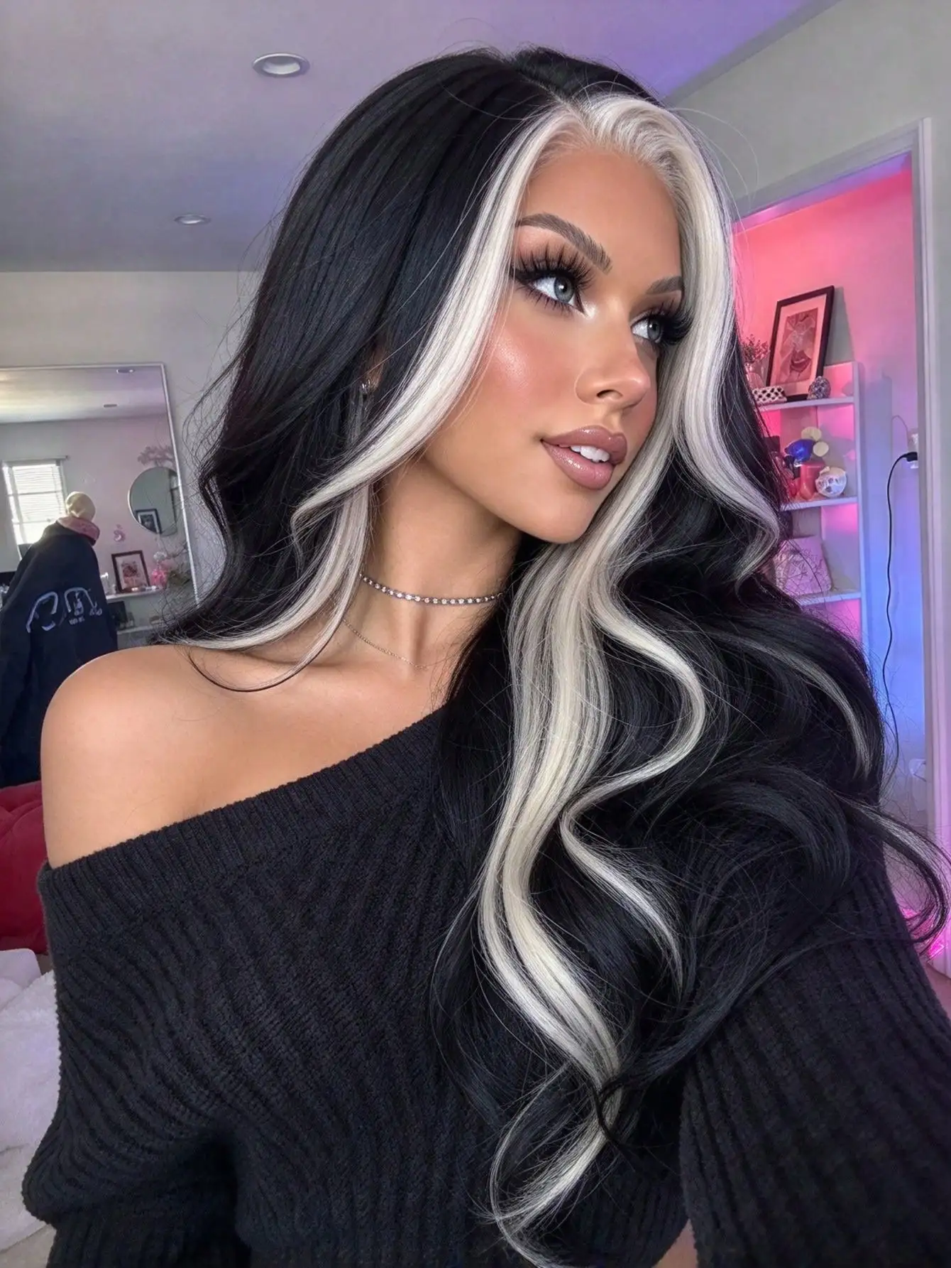 Loose Wave Highlight Blonde Human Hair Lace Front Wigs Glueless Body Wave Wigs 200% Density13x4 HD Lace Frontal Wigs Human Hair Beginner Friendly Pre Plucked Black and White Highlights Long Wavy Lace Front Wig with Baby Hair for Women Daliy Party Use