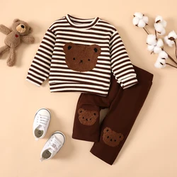 PatPat 2pcs Baby Boy/Girl Bear Embroidery Stripe Long-sleeve Top and Pants Set