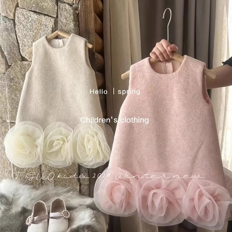 A.Girls  Autumn New One-Year-Old Birthday Dress Three-Dimensional Flower Vest Dress