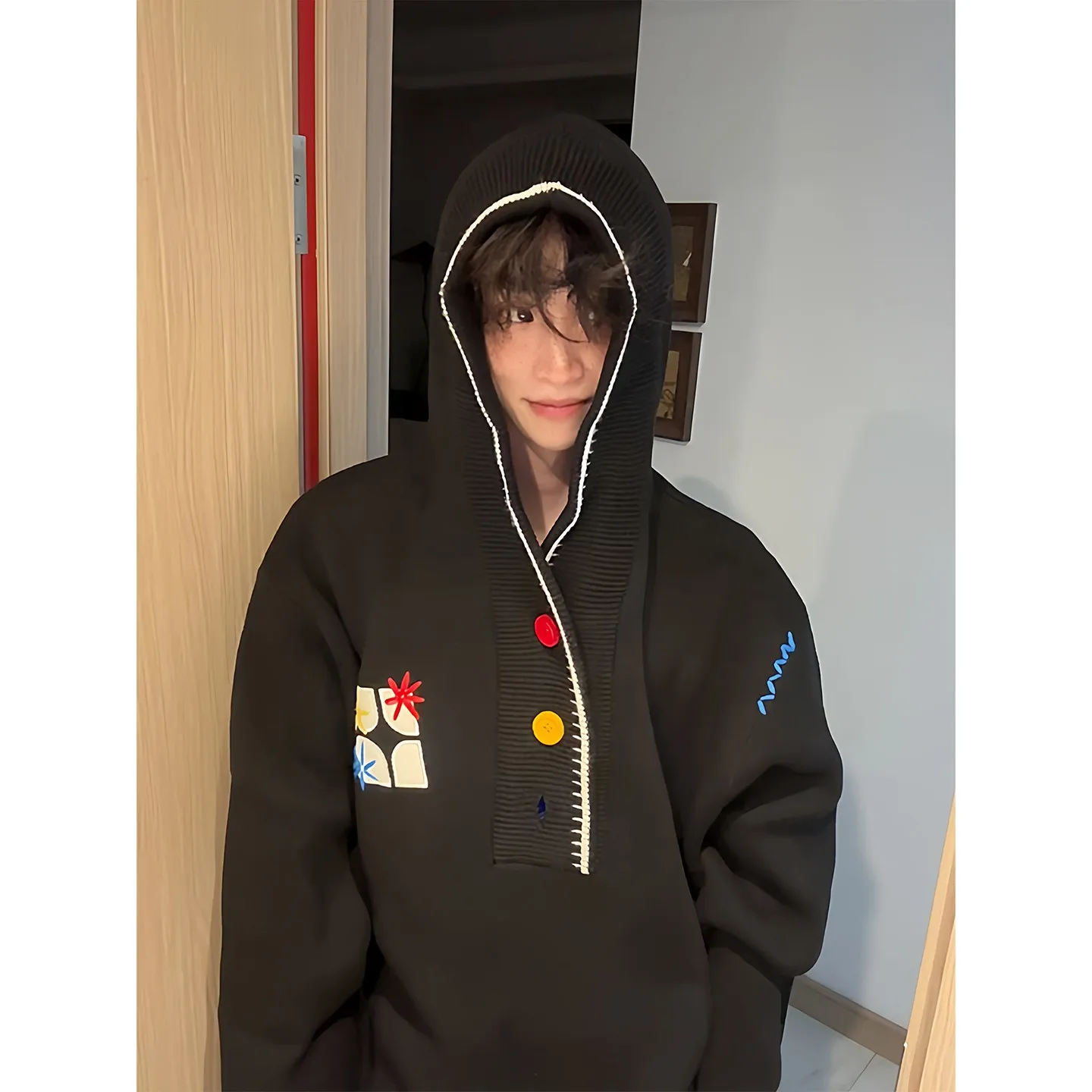 

American Sle Button up Hooded Sweater Men's Winter Heavy Embroidered Knitwear Jaet Casual Versatile Couple Top