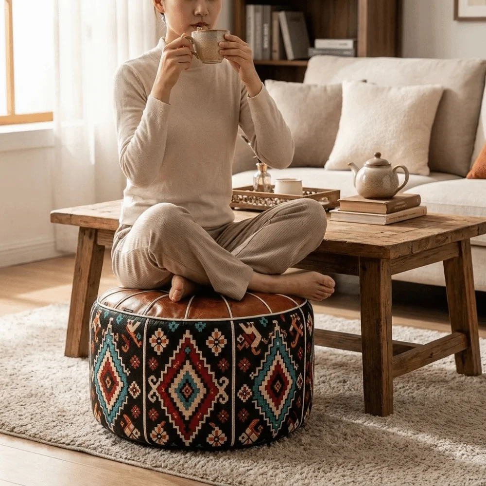 Space Saver PU Leather Sofa Stool Cover Fillable Round Storage Leg Bench Foldable Water Resistant Storage Ottoman Bedroom