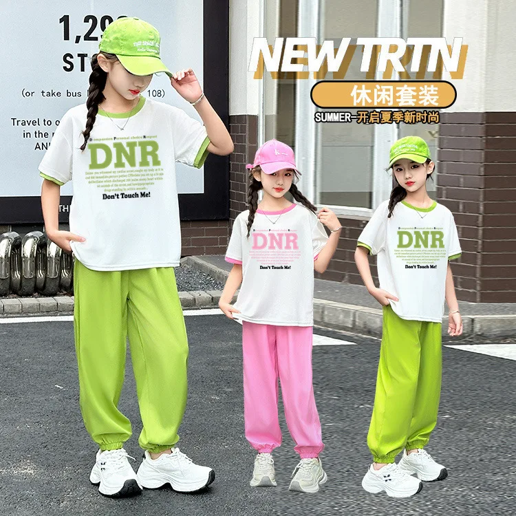 2026 summer girls Clothes Children Suit Teenager bunny letters short sleeve top t-shirt + ankle-tied pants 4 8 10 11 12 year