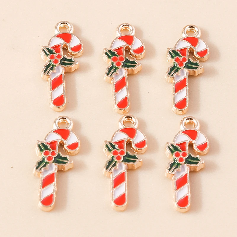 10pcs Cute Enamel Christmas Candy Cane Charms for Earrings Pendants Necklaces Chriatmas Charms DIY Jewelry Making Accessories