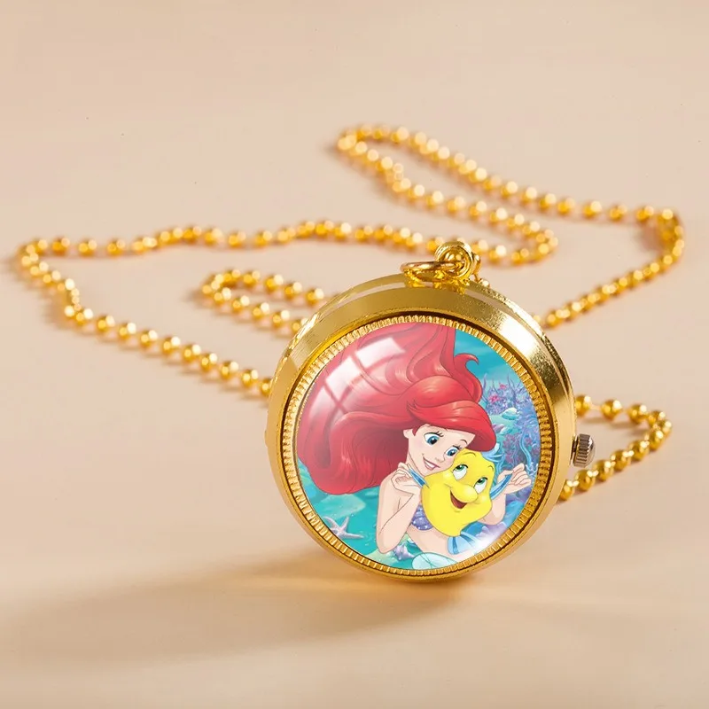 Disney The Little Mermaid Ariel Princess Vintage Pocket Watch for Women Cartoon Rotating Flip Cover Pendant Necklaces Watches