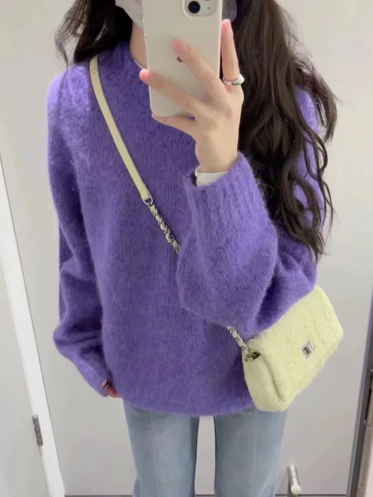 Haute Purple Mohair Loose Thickened Soft Lazy Style Plush Top Soft Knitted Sweater For Women