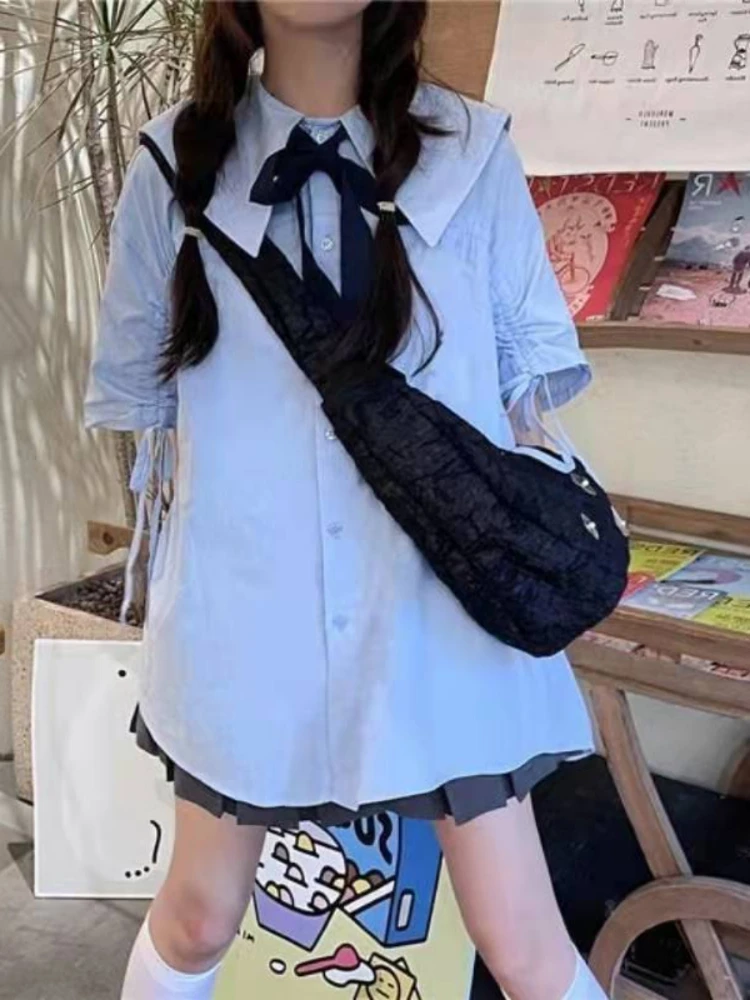 New Kawaii Turn-down Collar Blue Shirt Women Preppy Fashion Short Sleeve Oversize Blouse Female Clothing Streetwear Bow Cardigan