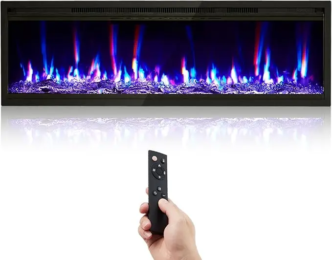 50 Inch Wall Mount & Recessed Electric Fireplace, 12‑Color Adjustable LED Flame, 750W/1500W Heater for 400 Sq Ft, Touch Screen & Remote Control, 0.5‑9H Timer Sleep Mode, Iron Tempered Glass Black 120V US Plug