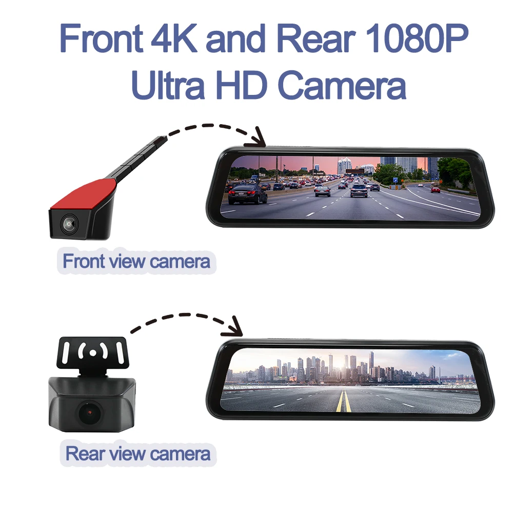 Carsanbo 9.66inch 2K IPS Touch Full Screen Rear View Mirror Monitor With 4K Front View Camera 1080P RearView Camera Driving Safe