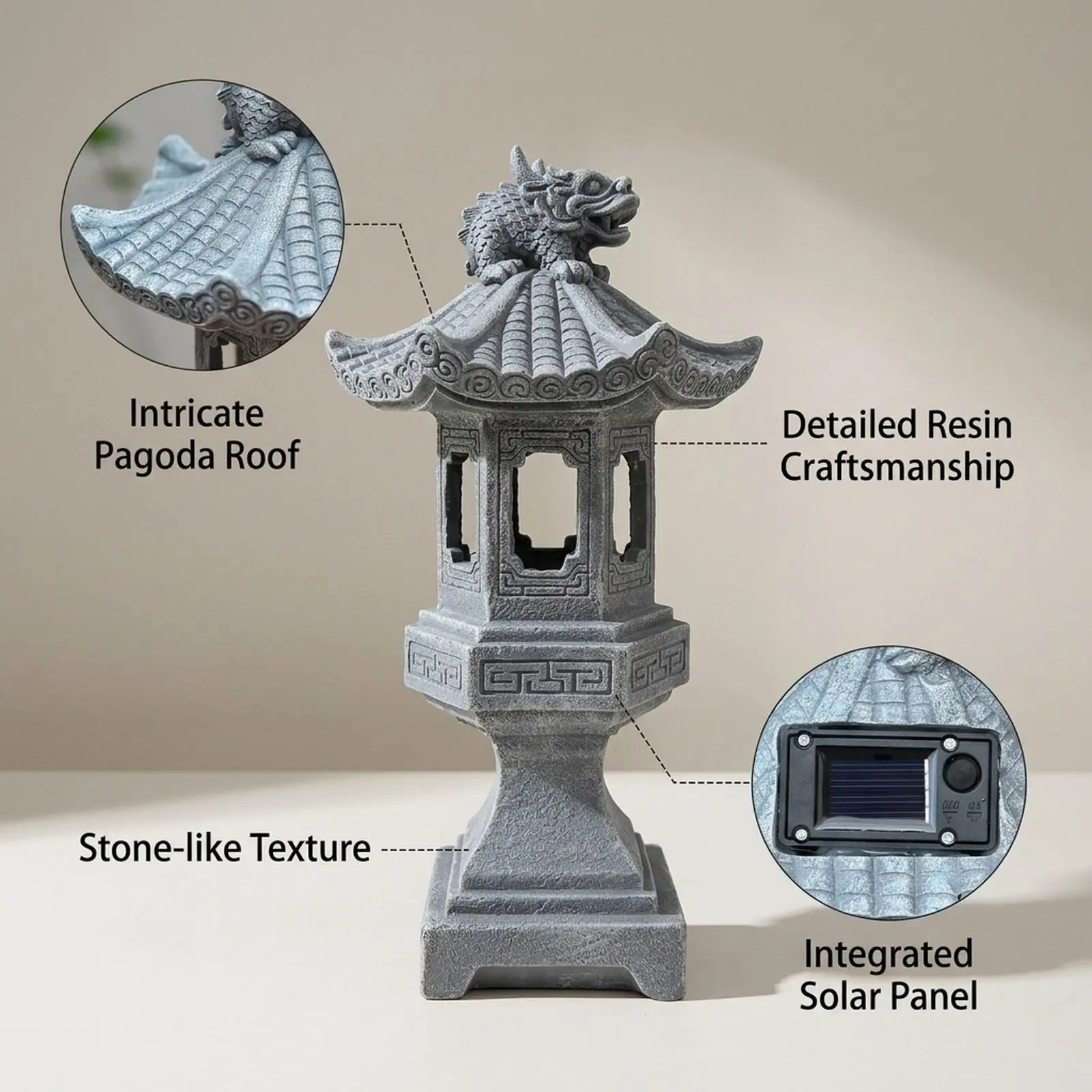 Resin Japanese Pagoda Lantern Solar Garden Statue Weatherproof Outdoor Decoration Yard Art for Balcony Walkway