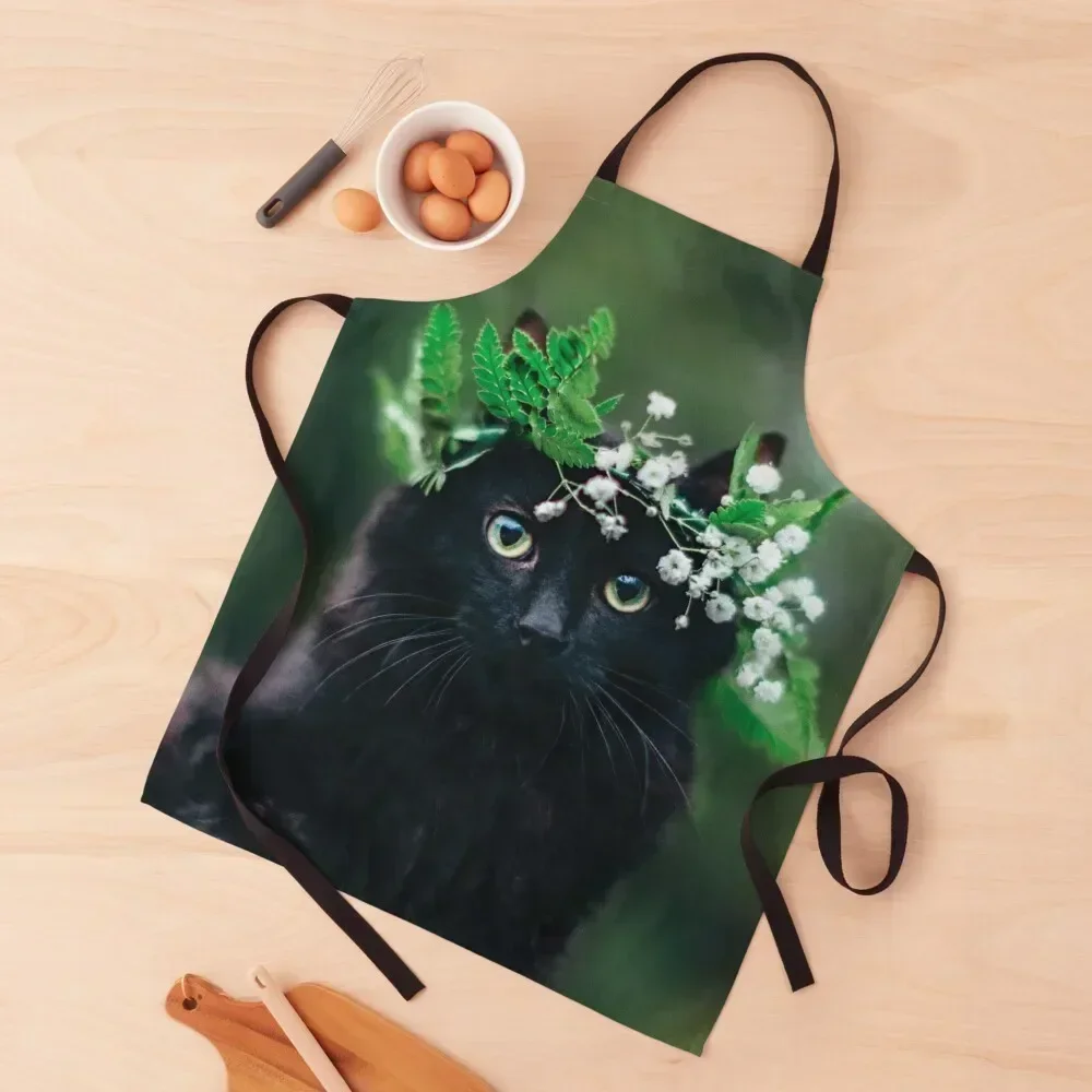 Lindo gato negro con delantal de corona de flores para hombre corte de pelo hombres para cocinar uniforme de Chef delantal de mujer