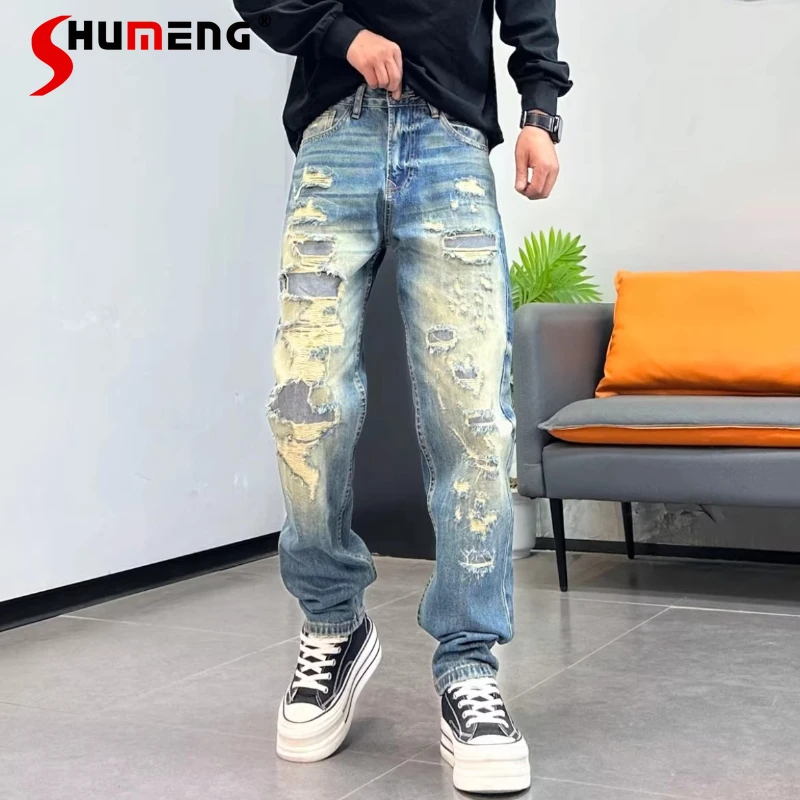 

2026 Men's Spring Fashion Jeans Trendy High Street Comfort Stylish Denim Trousers Male Chic Personality Hole Trendy Denim Pants