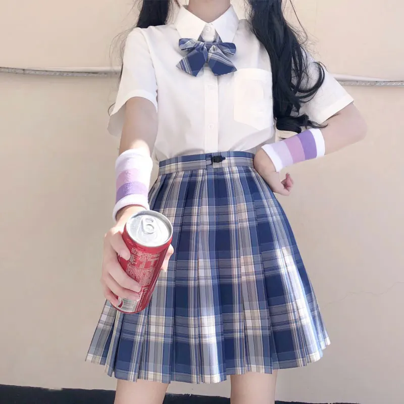 School Girl Jk Uniform Student Blue Plaid Skirt Suit Japanese School Uniform Short Sleeve Pleated Skirt Set School Clothes