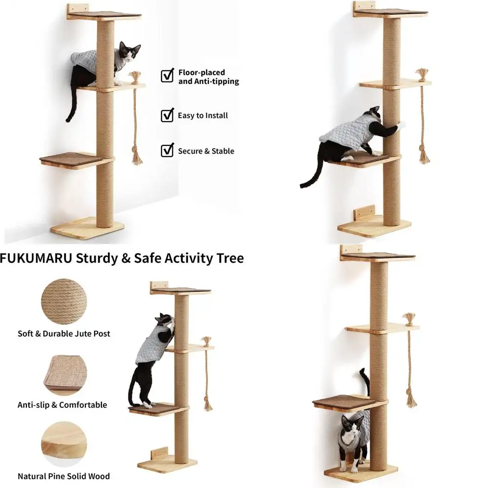 

50 Inch Wall-Mounted Cat Scratching Tree with Bed and Rubber Wood Posts