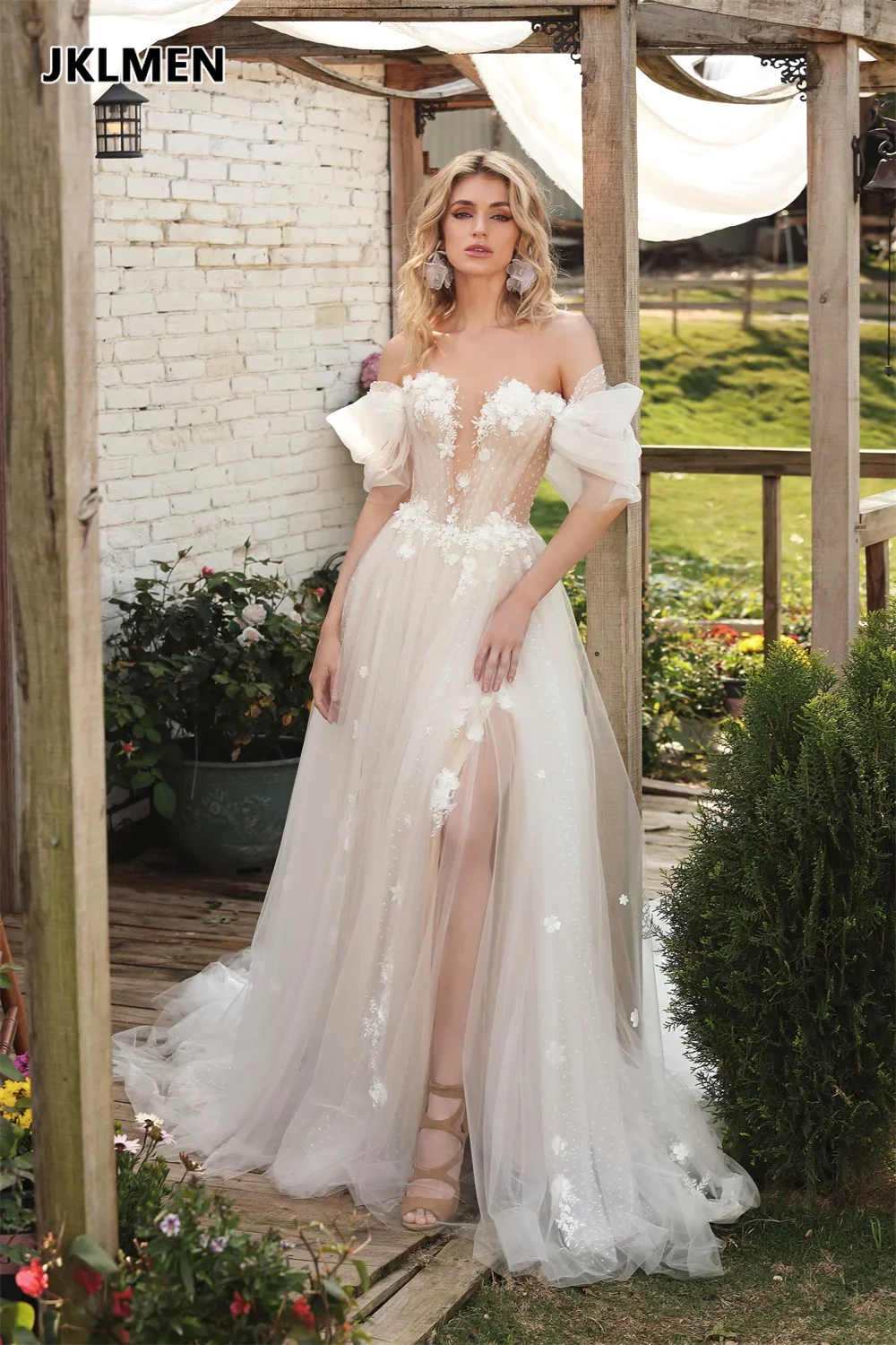 Bohemian Sexy Off Shoulder V-neck Wedding Dress A-line Side Split Lace Decal Bridal Dress Formal Occasion Dress Customization