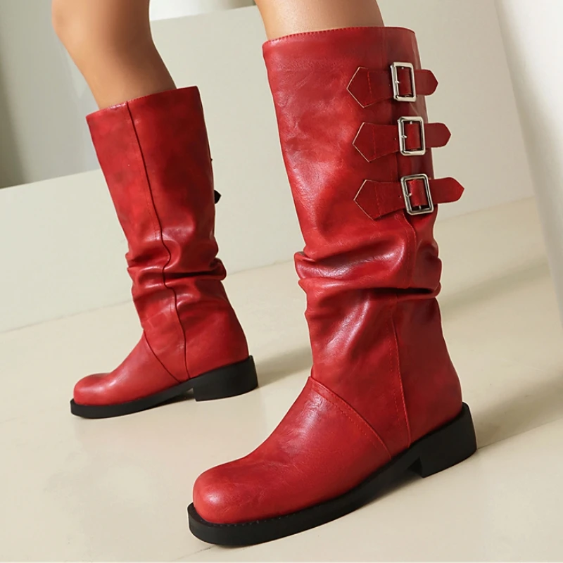 

Vintage Mid-calf Knee High Boots Women Winter Buckle Western Cowboy Boots for Women Leather Low Heels Long Shoes Big Size