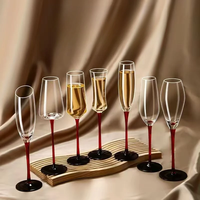 Elegant Black Bow Red Stem Champagne Flute Crystal High Foot Goblet for Wedding Party Luxury Bar Home Decor