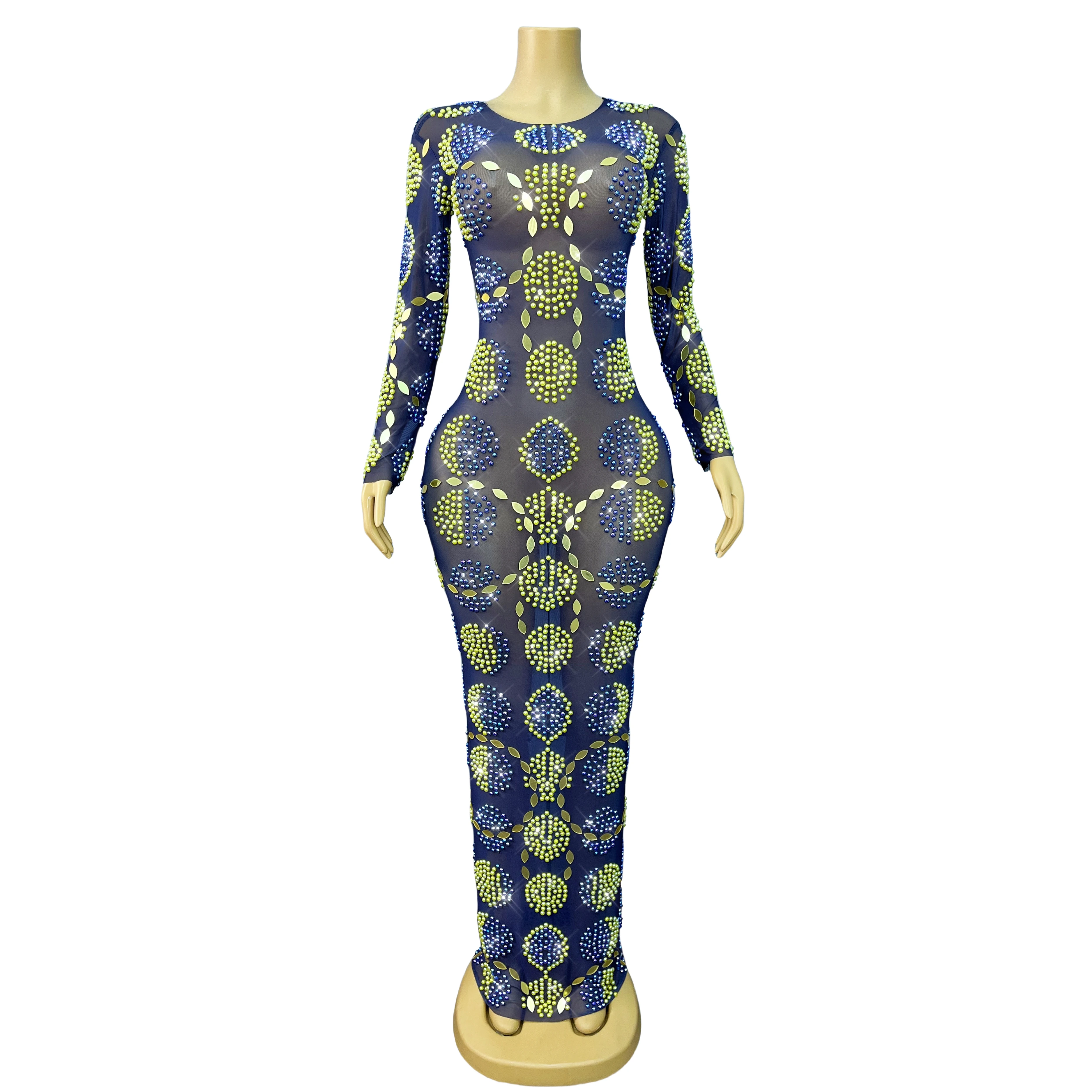 

High Quality Shiny Pearls Mirrors Transparent Mesh Trim fit DressWomen Evening Cocktail Party Gown Red carpet Show Outfit Jinlun