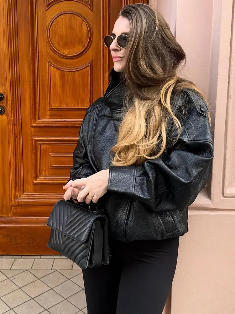 HH Women Fashion Pu Leather Black Jackets Stand Collar Long Sleeve Zipper Jacket Fashion High Street Lady Outwears Chic Coat