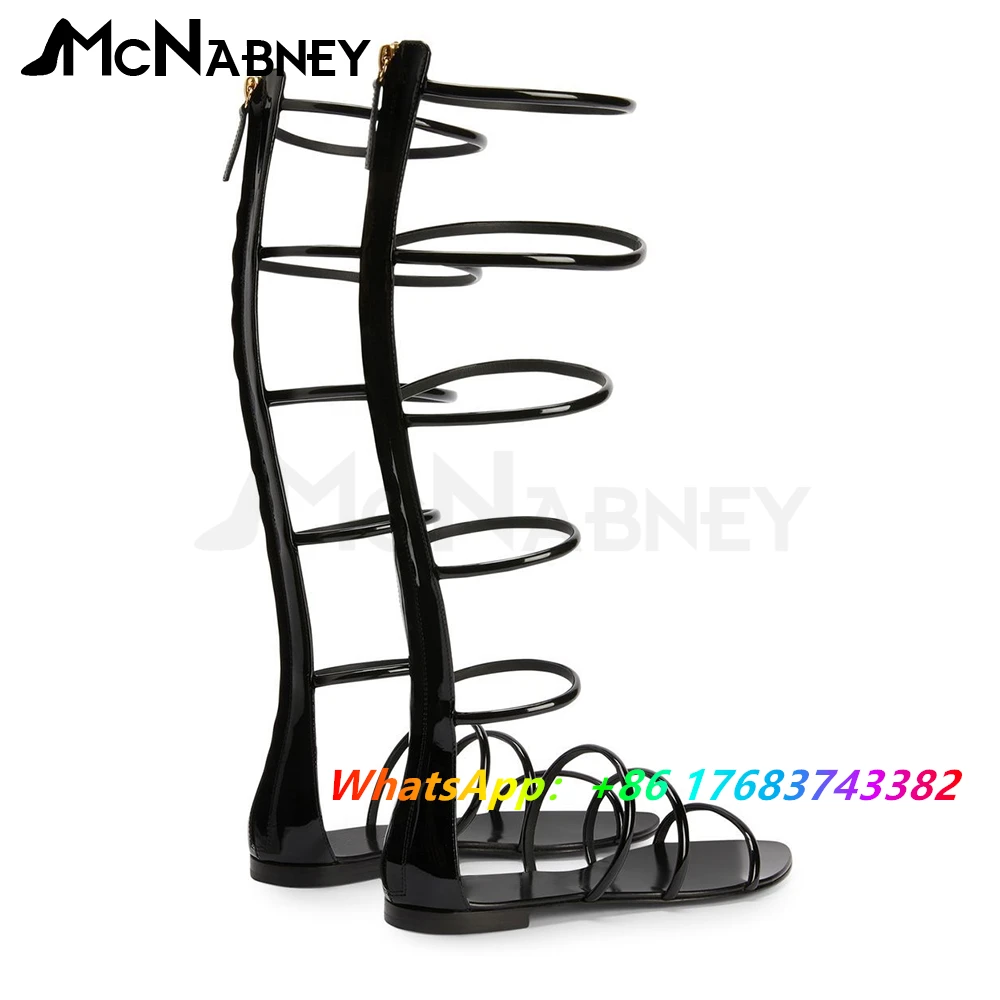 Zipper Sandals Boots Patent Leather Summer Shoes Flat Round Toe Sandals Knee Boots Summer Sandals Women Black Gold Flats Shoes