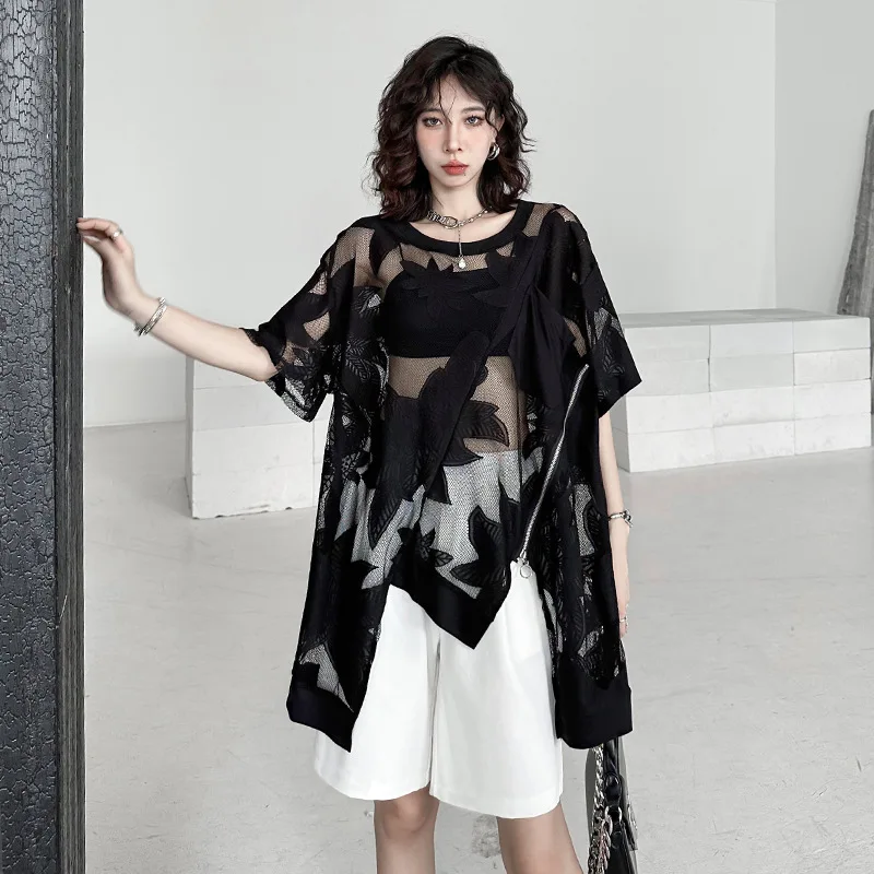 

New Heavy Industry Jacquard Lace Shirt Thin Loose Round Neck Perspective Cover Up Small Asymmetric Top Trendy Summer 2023 Women