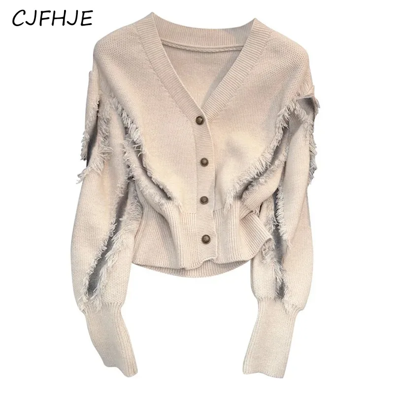 CJFHJE V-Neck Metal Button Knitted Women Commuter Fashion Tassel Bottom Cardigan Sweater Coat Casual Solid Color Women\'s Sweater