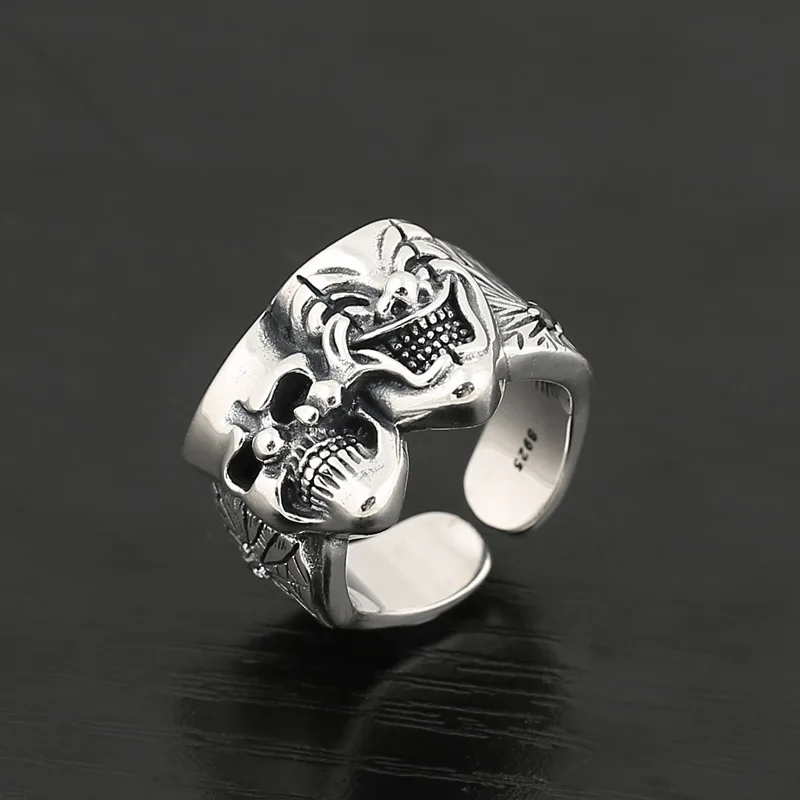 S925 Sterling Silver Ring Hip Hop Rock Punk Good Evil Two Faced Joker  Domineering and personalized retro jewelry