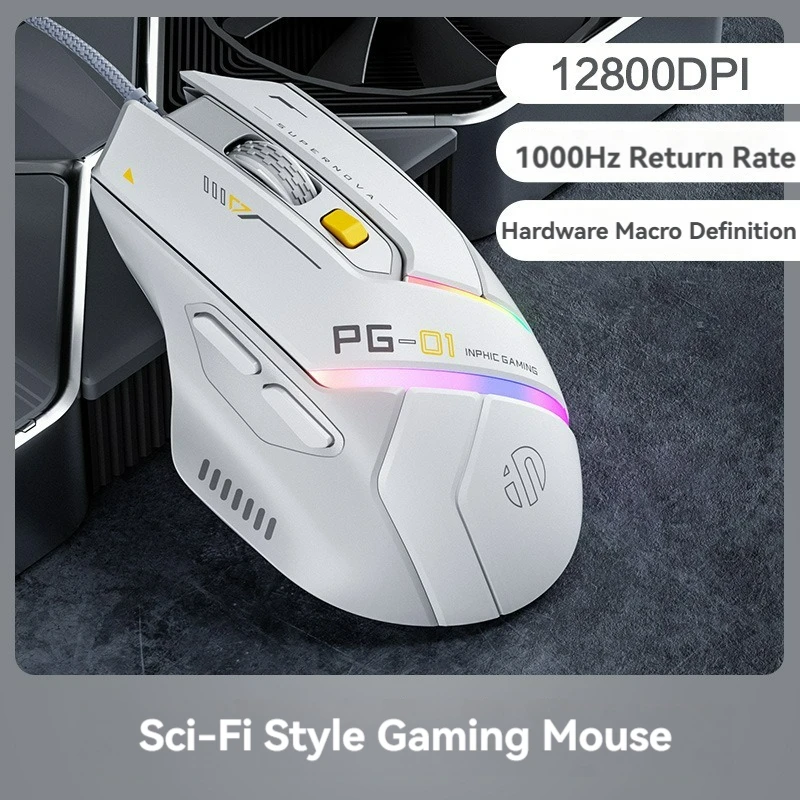 Inphic Pg1 Wired Mouse Gaming Mouse RGB Light Emitting   Macro Programming 12800DPI  6 Keys Computer Mouse 1000hz Polling Rate