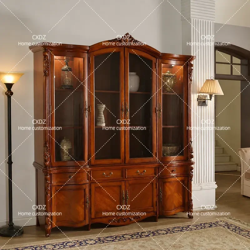Solid Wood Four Door Bookcase Retro Large Capacity Floor to Ceiling Storage Cabinet for Home Study Room Furniture