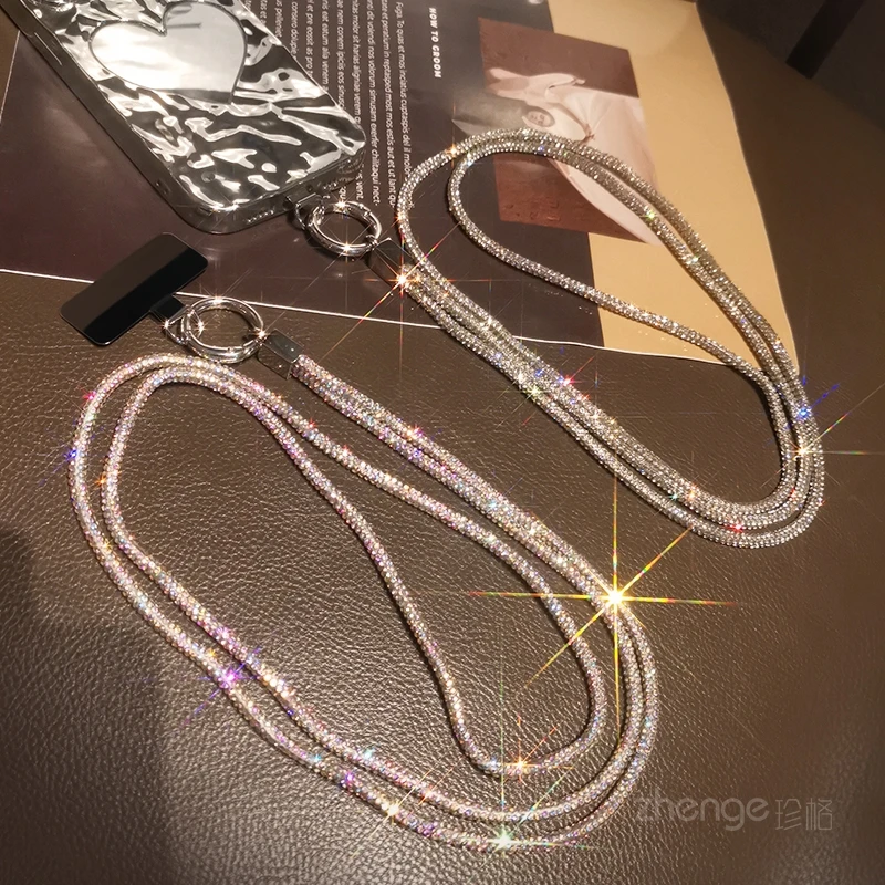 Crossbody Full Diamond Chain Female Mobile Phone Lanyard Long Neck Back Rope Strap Back Chain Metal Clip Fashion Light Luxury