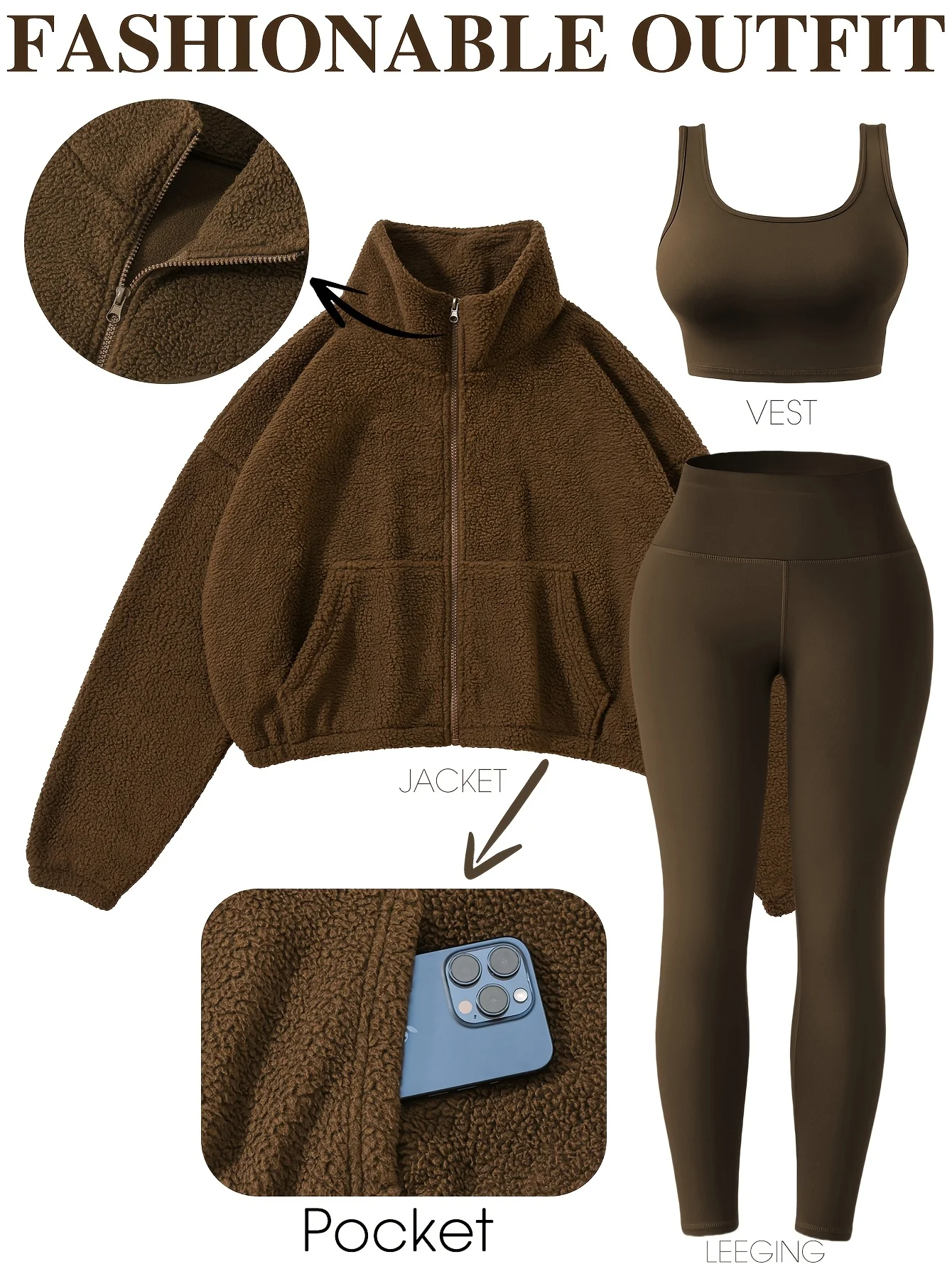 

New Autumn and Winter Solid Color Three-Piece Sports Suit, Fleece-Lined Long Zipper Jacket with Pockets + Yoga Pants + Sports Bra, Comfortable for Running and Fitness