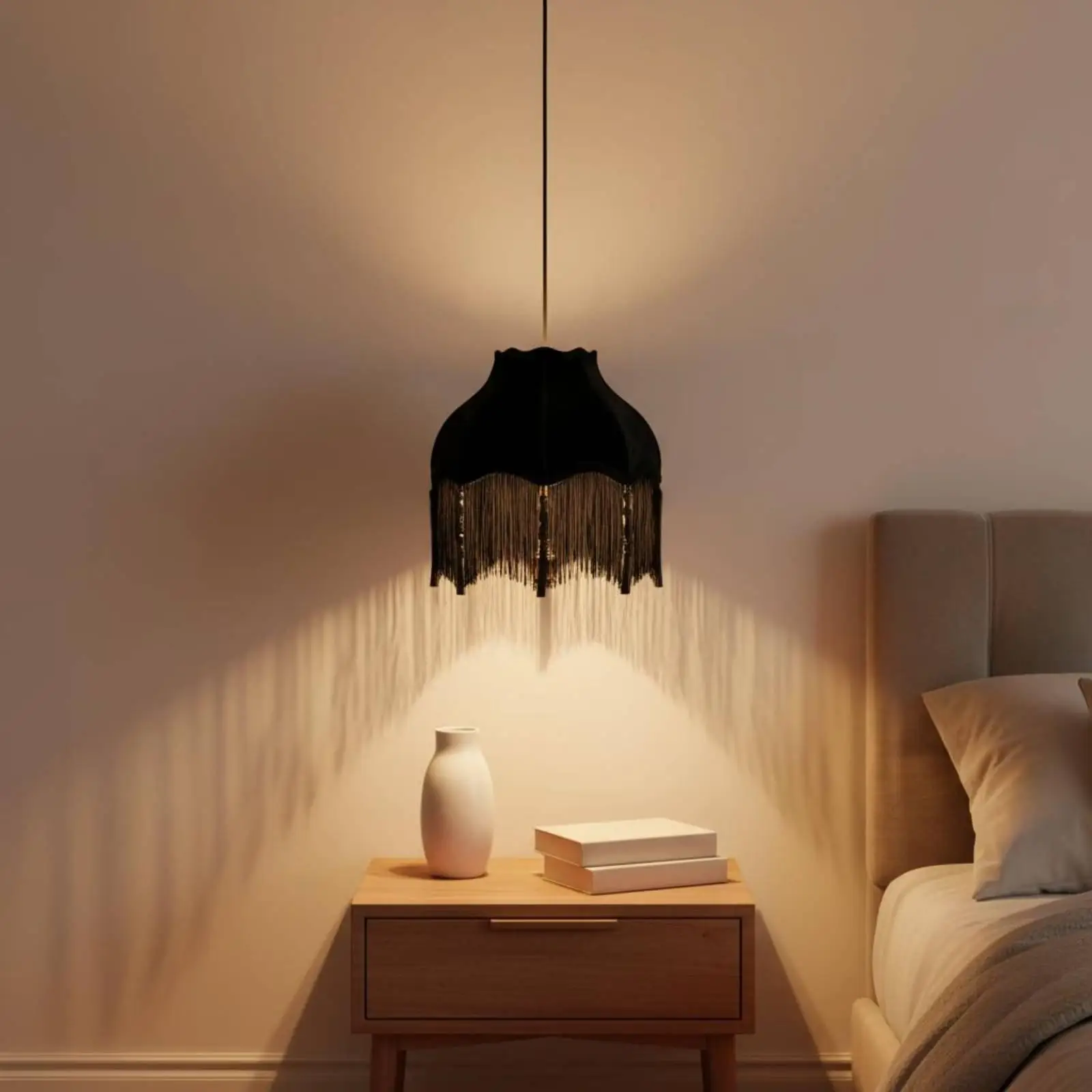 Pendant Light Cover Bamboo Leaf Pattern Fringed Lamp Shade Decorative Textile Tassel Lampshade for DIY Enthusiasts, Bedroom,