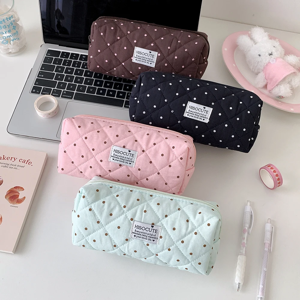 1pc Fashion Grid Polka Dot Pencil Case Students Back to School Stationery Girls Simple Portable Storage Travel Makeup Bag Gifts