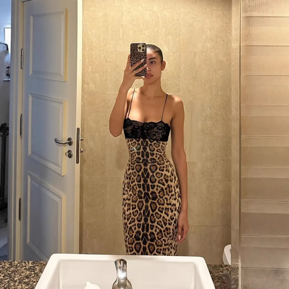 Sequins Leopard Prints Split Dresses Women Lace Patchwork Camisoles Hip Wrap Sheath Sexy Dresses Ladies Club Bodycon Party Robes