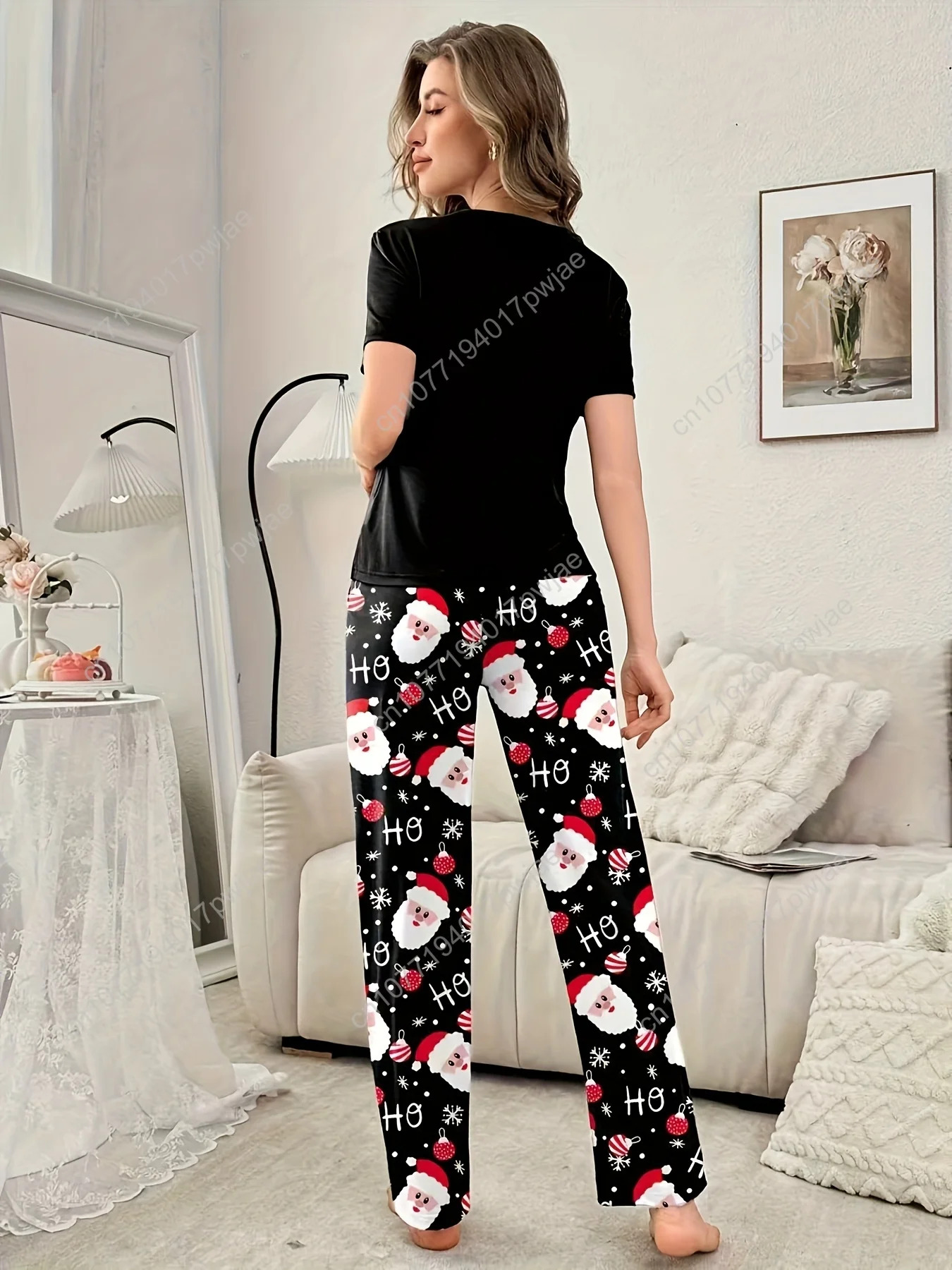 Christmas Women'S Short And Long Pajamas, Santa Claus And Letter Prints, Festive Sleepwear for Parties, Two-Piece Loungewear Set