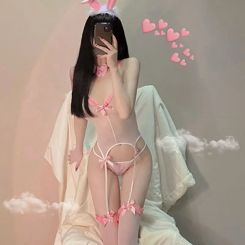 Women\'s Underwear See Through Bunny Girl Cosplay Costumes Lace Bow Cute Anime Rabbit Erotic Lingerie Sexy Mesh Jumpsuit Kawaii