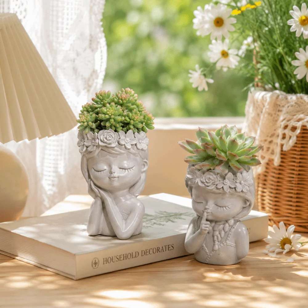 Cute Resin Flower Pot Home Decor Pencil Box Plant Pot Portrait Design Candle Holder Storage Can