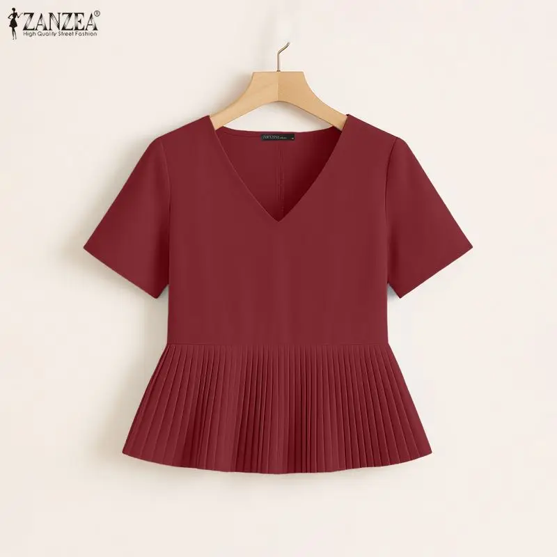

Woman Summer Casual Short Sleeve Blouses V-Neck Pleated Hem Patchwork Solid Color T-Shirts ZANZEA Lightweight Blusas de Mujer