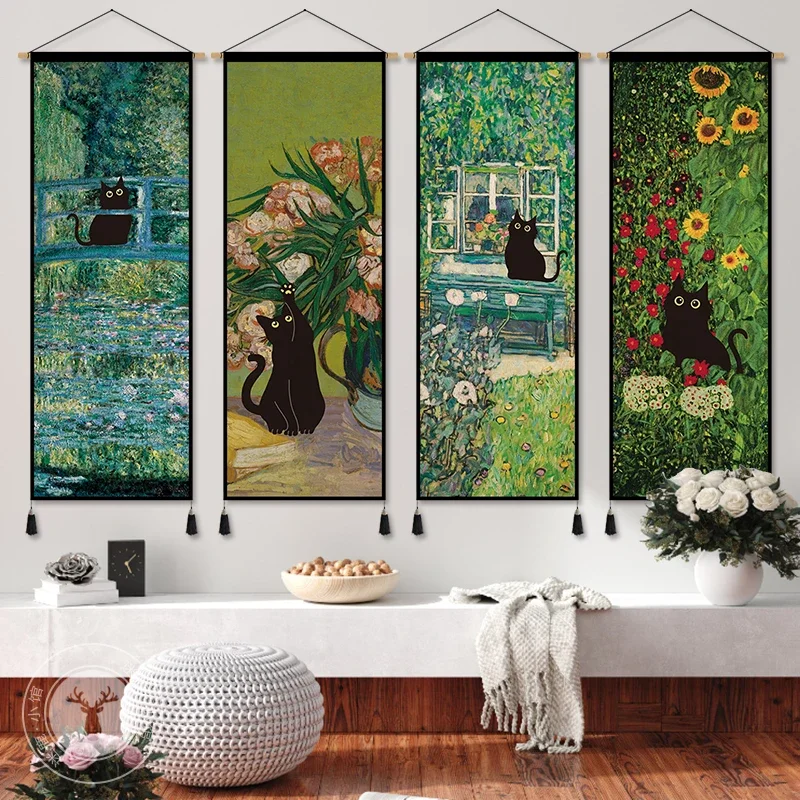 Black Cat Breaks Into Famous Painting Art Tapestry Canvas Hanging Cloth Vintage Home Wall Decor Living Room Hanging Painting