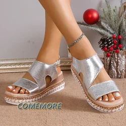 Sandały na platformie dla kobiet 2024 Summer New Peep Toe Wedge Women's Silver Luxury Outdoor Hemp Light Casual Ladies Sandal PU