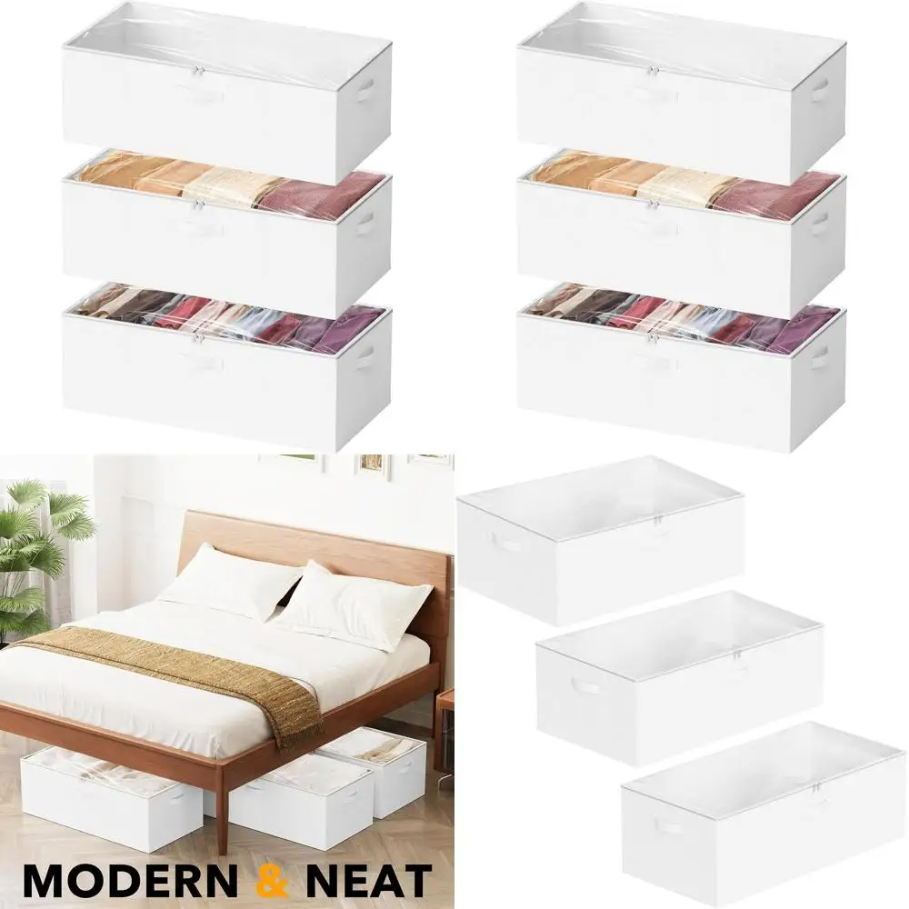 10 High Underbed Storage Boxes with Lids - Large Organizer Bins for Bedroom, Dorm, Clothes, and Bedding Storage (White)