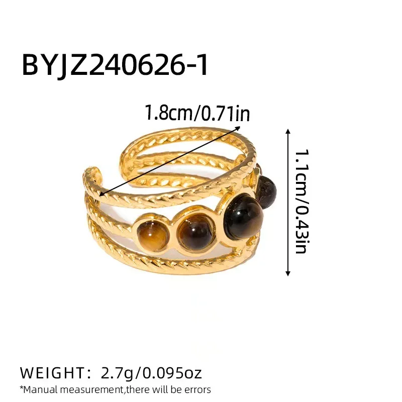 HangZhi Vintage Brown Natural Stone Wide Open Ring Stainless Steel Geometric Hollow Line Charm Jewelry for Women New