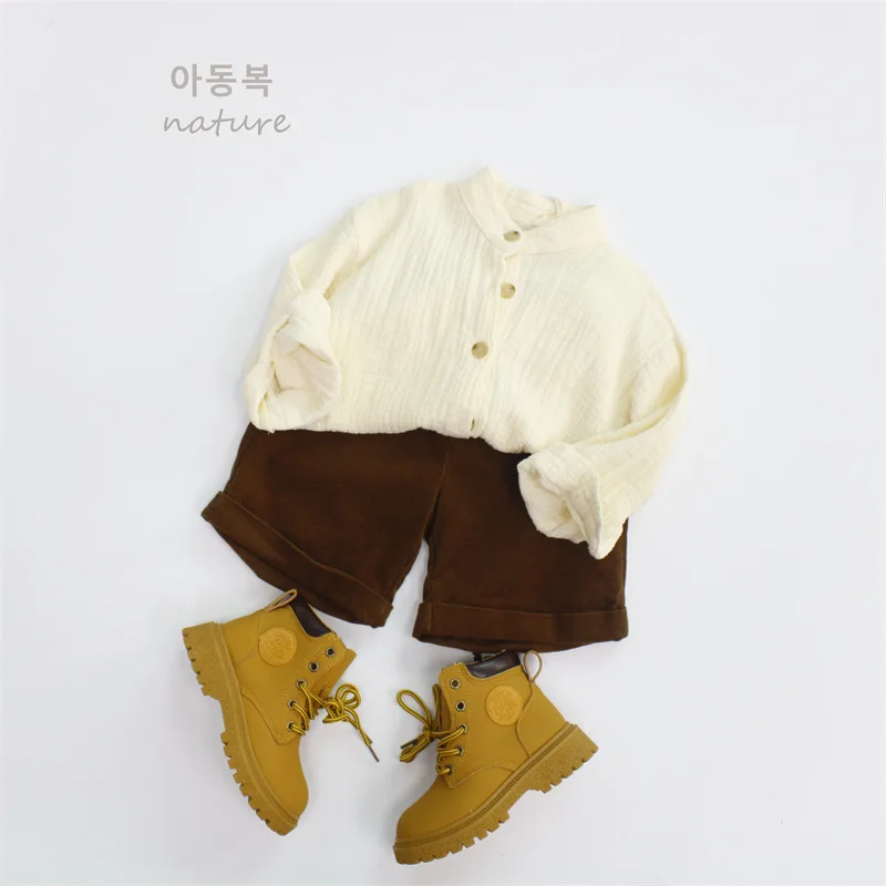Spring boys' shirt solid color children's top Korean cotton and linen stand collar baby girls' shirt outer wear A-class hair